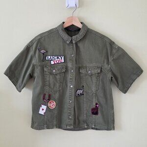 Zara Denim Jacket Women S Green Snap Buttons Cotton SS Patches Distressed Hippie